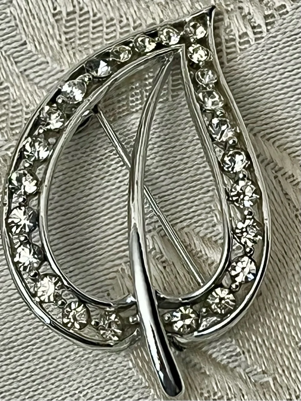 Vtg Lisner Silver Leaf Brooch Pin Clear Rhinestone Mid Century Retro Costume 2